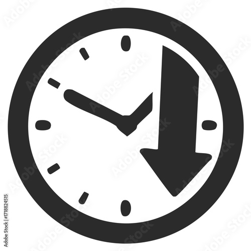 Hand drawn clock with downward arrow icon representing time reduction, rewind, or going back