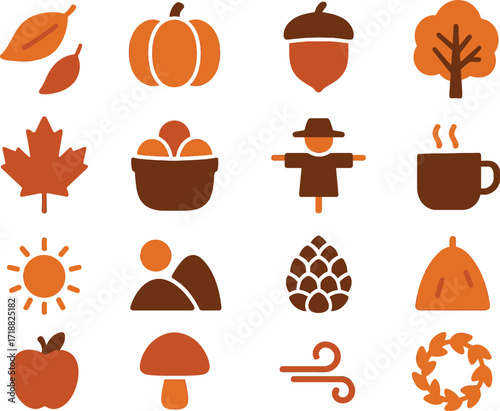 A clean and minimal set of 16 solid color flat icons representing fall and autumn themes. Plain simple shapes with smooth edges, no gradients, no textures, no raster effects. Icons include falling lea