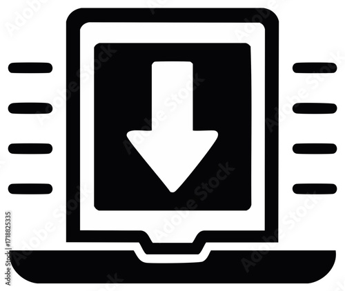 Digital download icon on laptop screen with wireless signal bars for data transfer and online access