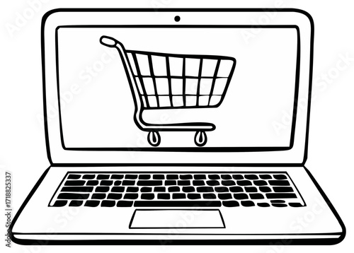 Laptop Displaying a Shopping Cart Black and White Online Shopping