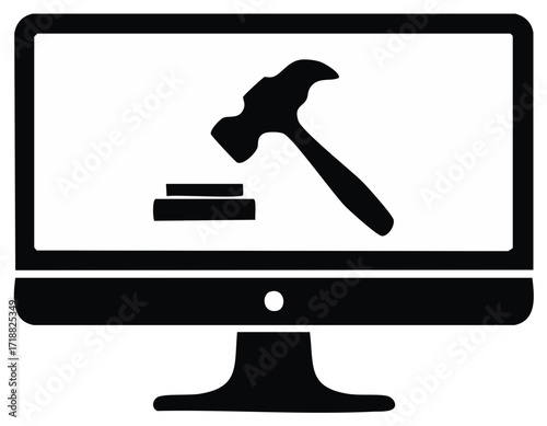 Computer Display with Hammer Gavel Symbol: Online Auction or Virtual Judicial System Icon