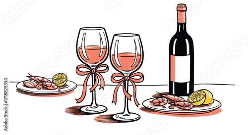 Romantic evening for two featuring chilled rosé wine, succulent shrimp appetizers, and fresh lemon slices, perfect for celebrations.