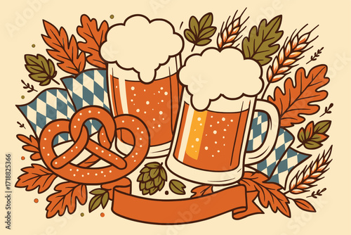 a festive Oktoberfest vector illustration combining multiple symbolic elements. Include beer mugs with frothy foam, golden pretzels, Bavarian diamond blue and white patterns, oak leaves, hops, barley,