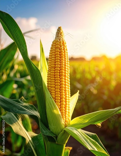 Ripe corn cob in a sunlit field
