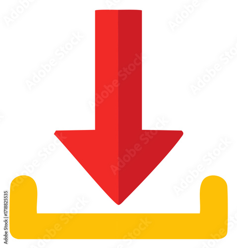 Red downward arrow pointing to yellow download symbol