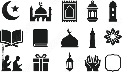 Maulid Nabi Islamic Celebration Solid Black Vector Icon Set Collection on White Background