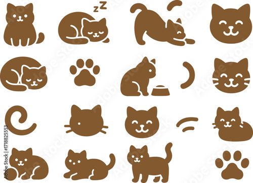 Chubby Cat 16 Solid Color Icon Set Collection on White Background