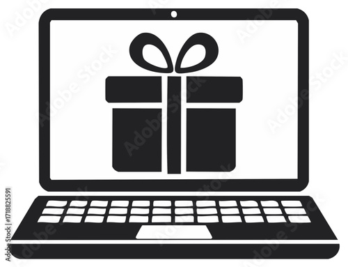 Gift icon on a modern laptop screen showing shopping online or sending virtual gifts through e-commerce website