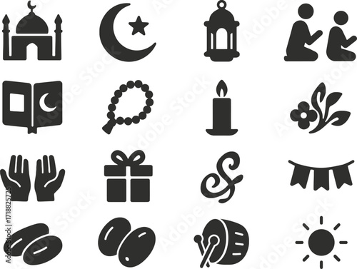Maulid Nabi 16 Solid Color Icon Set Collection on White Background