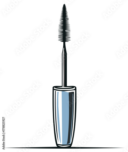 Stylized Mascara Wand and Tube with Reflective Blue and Silver Tones