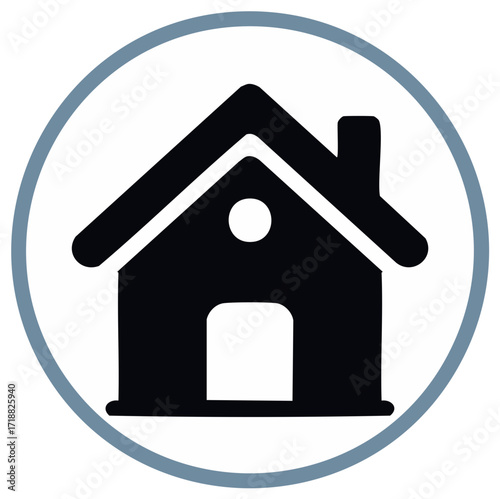 Simple Black House Icon with Chimney and Doorway Within a Blue Circle