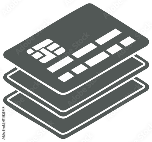 Stack of three monochrome credit cards with chip and magnetic stripe detail shown in isometric perspective