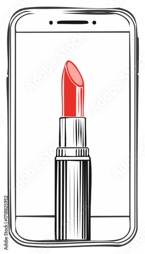 Red Lipstick On Mobile Device, Beauty Product on Screen, Online Makeup Tutorial, Mobile Technology Concept
