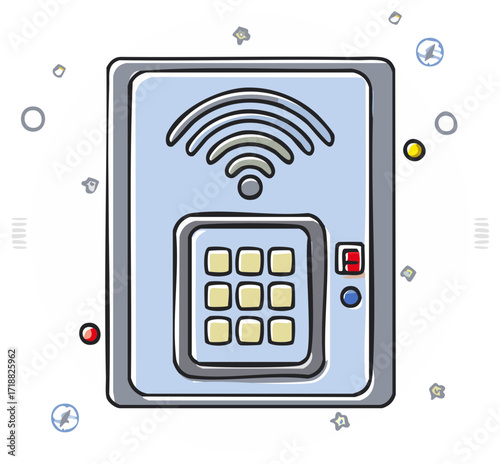 Hand drawn smart lock security system with keypad and wireless rfid signal cartoon icon