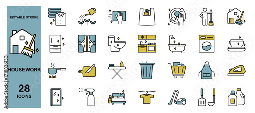 Housework, housekeeping, and domestic cleaning icons set – household chores, laundry, kitchen, vacuum, broom, bathroom,  washing, hygiene and home service colored vector collection. Editable stroke