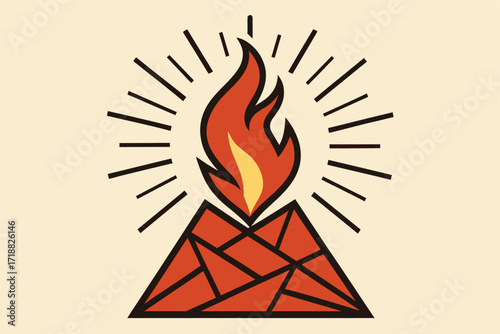 Abstract eternal flame emerging from layered geometric shapes (triangles, polygons) with rays around it — looks like a modern icon.