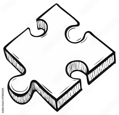 Hand-drawn puzzle piece illustration in black and white. Conceptual design.