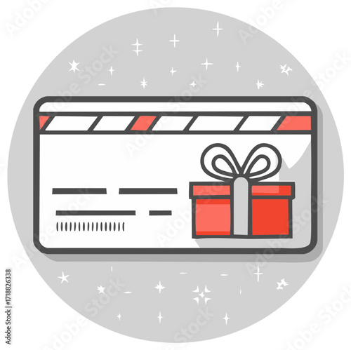 Gift Card with Red Box and Ribbon Illustration in Circular Frame with Stars