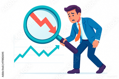 Worried businessman analyzing declining sales with magnifying glass, downturn challenges and financial loss