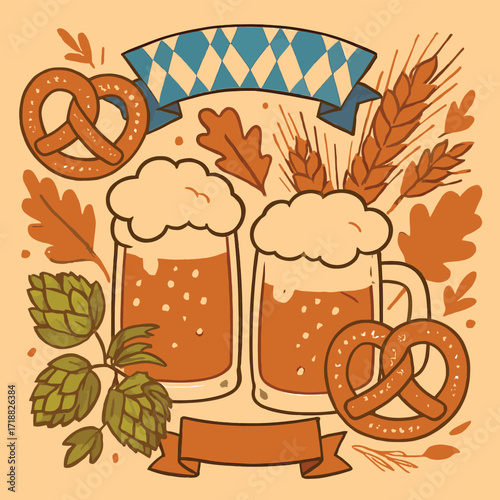 Oktoberfest Festival Vector Illustration with Beer, Pretzel, Bavarian Patterns and Autumn Celebration Elements