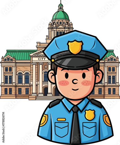 friendly neighborhood cartoon police officer protecting our city hall, isolated on transparent background