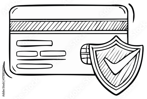 Hand drawn credit card with security shield and checkmark symbol representing safe online payment transactions