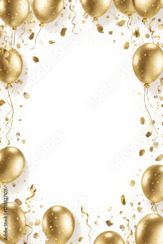 Golden balloons and glitter frame a white background with festive sparkle.