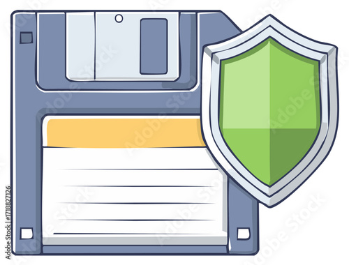 Floppy Disk with Green Shield Symbolizing Data Security and Protection