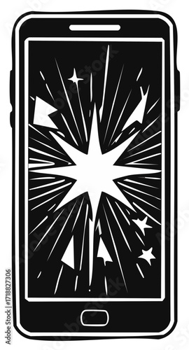 Smartphone screen shattered with radiating light effects in black and white illustration