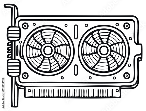 Stylized line drawing of a dual fan computer graphics card with cooling vents and heatsink fins.