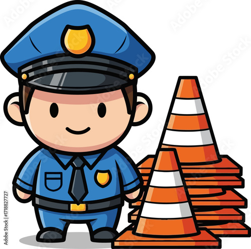 friendly police officer and traffic cones ensuring city safety, isolated on transparent background