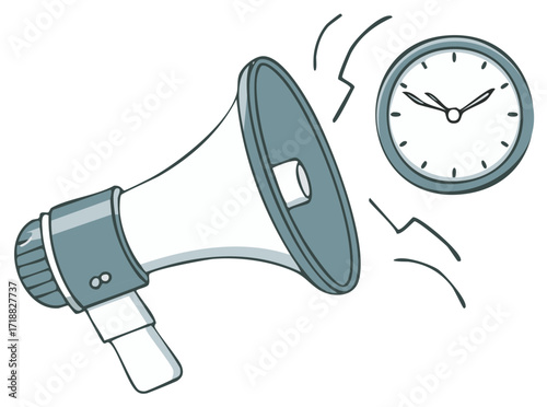 Megaphone and clock illustration symbolizing a deadline, announcement, or urgent alert