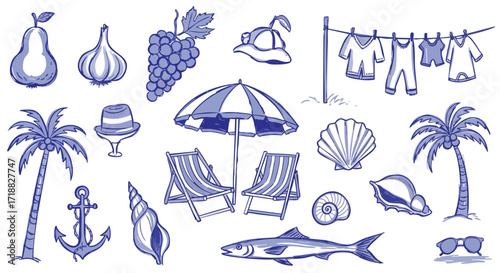 Captivating hand-drawn collection of summer vacation essentials and coastal delights, perfect for travel and leisure themes.