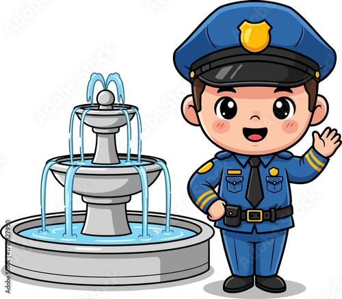 friendly police officer by the city fountain a charming cartoon illustration, isolated on transparent background