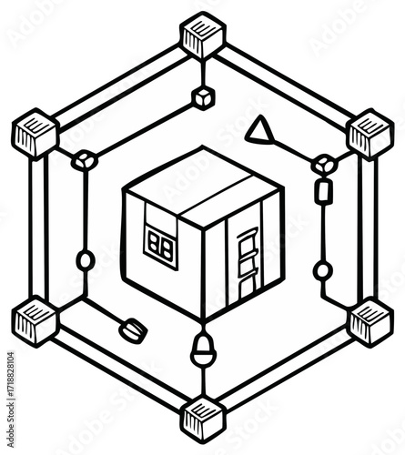 Abstract isometric line drawing of house or building in a frame with geometric shapes suspended inside
