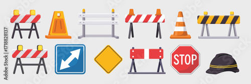 Road Repair and Construction Barrier Icons,  Vector Set of Safety Barricades, Warning Signs, Traffic Cones, Construction Fences for Roadwork, Urban Design, Public Safety, and Illustration Projects