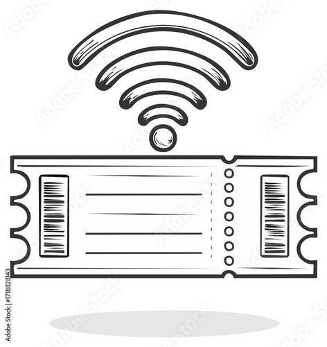 Sketch Style Online Ticket with Wifi Symbol Illustrating Mobile Digital Access and Contactless Authentication for Entry