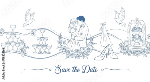 Elegant wedding celebration scene with embracing couple champagne towers doves and romantic fountain perfect for save the date announcements