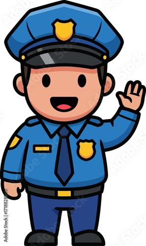 friendly police officer cartoon waving hello, community hero, isolated on transparent background
