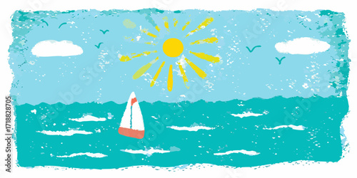 Charming crayon drawing of a sailboat on the ocean under a bright sun and blue sky with clouds and birds