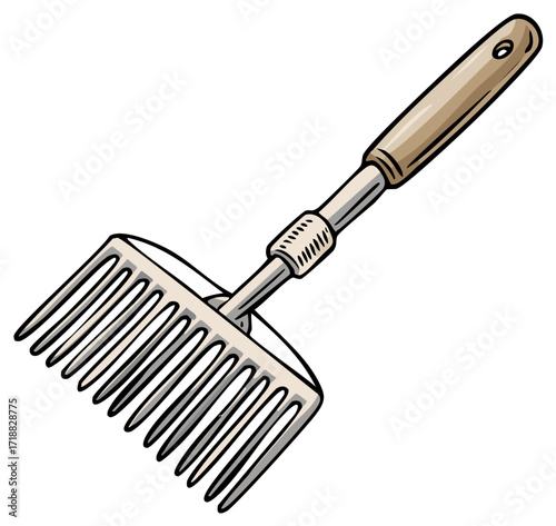 Cartoon illustration of garden rake tool with wooden handle for yard work