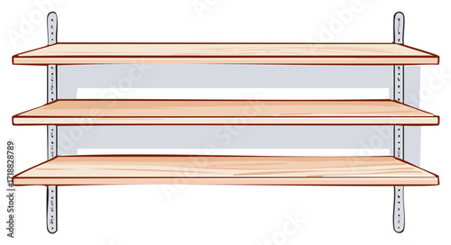 Three-tiered light wood shelves mounted on grey metal brackets simple illustration