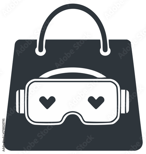 Dark Shopping Bag Featuring Virtual Reality Glasses Graphic with Heart Shapes for Valentine's Day