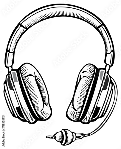 Black and white detailed drawing of headphones with microphone for audio production and communication