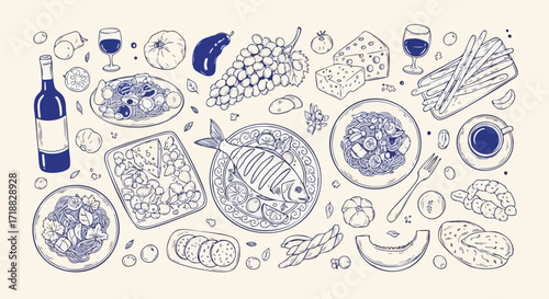 Savor the richness of delicious Italian cuisine with pasta, seafood, wine, and fresh ingredients beautifully illustrated for your culinary projects.