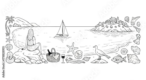 Serene beach panorama capturing a woman's tranquil seaside escape with sailing boat, picnic, and coastal treasures creating a perfect vacation vibe