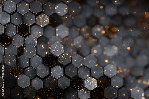 Abstract hexagonal pattern with dark grey and gold glitter