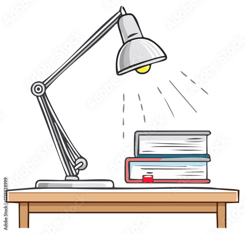 Illustration of Table Lamp Illuminating Books Stacked on Wooden Tabletop