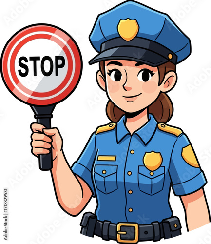friendly policewoman directing traffic a cartoon illustration, isolated on transparent background