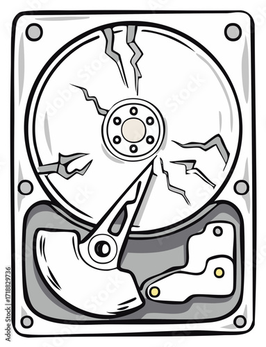 Illustrated broken hard drive with cracked data platter showing computer system error and malfunction